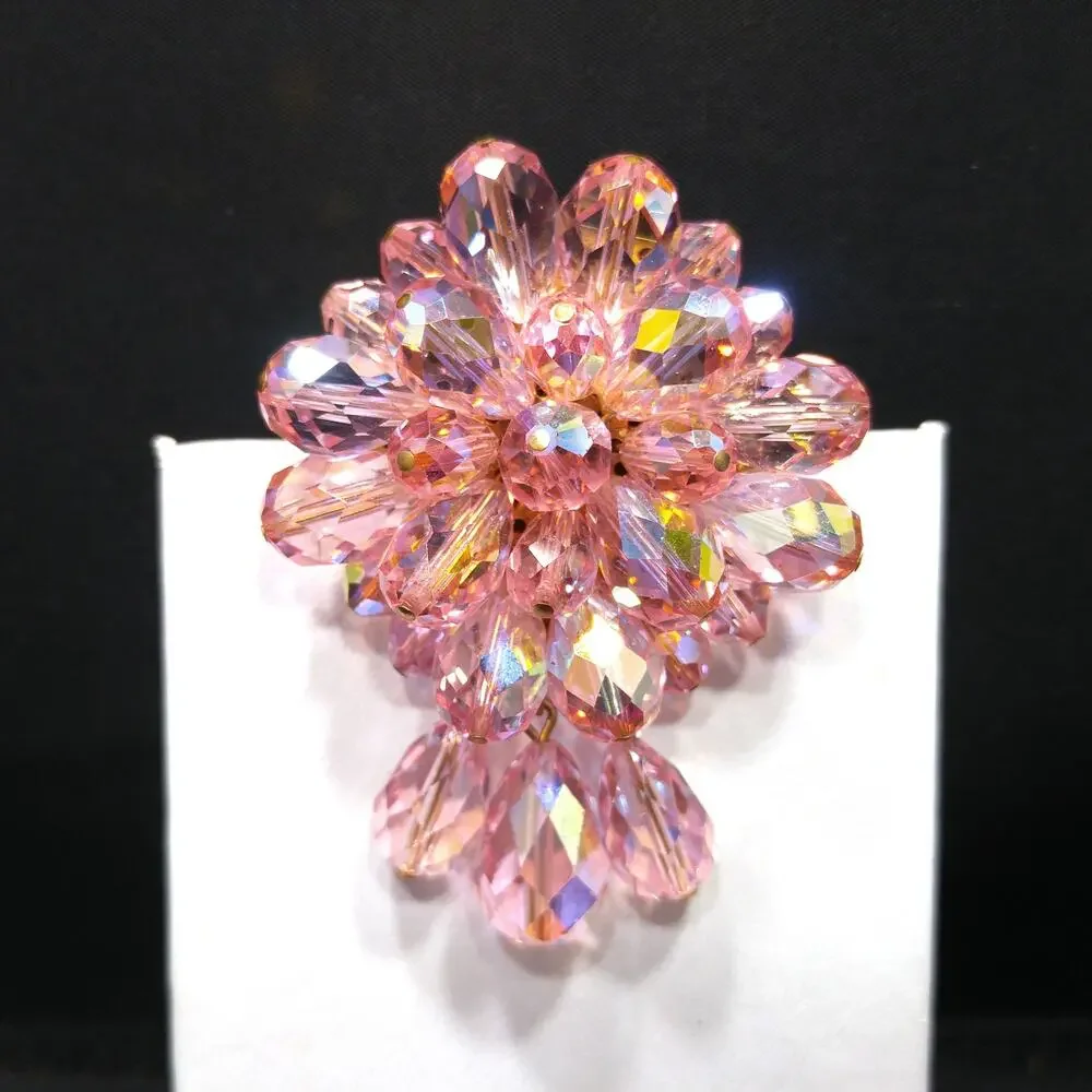 Pink Aurora Borealis Beaded Brooch, Three Bead Dangles, 1960s Vintage Jewelry